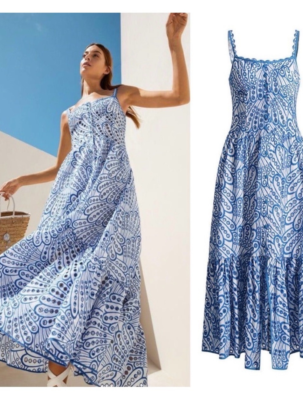 Charo Ruiz Blue & White eyelet Maxi Dress